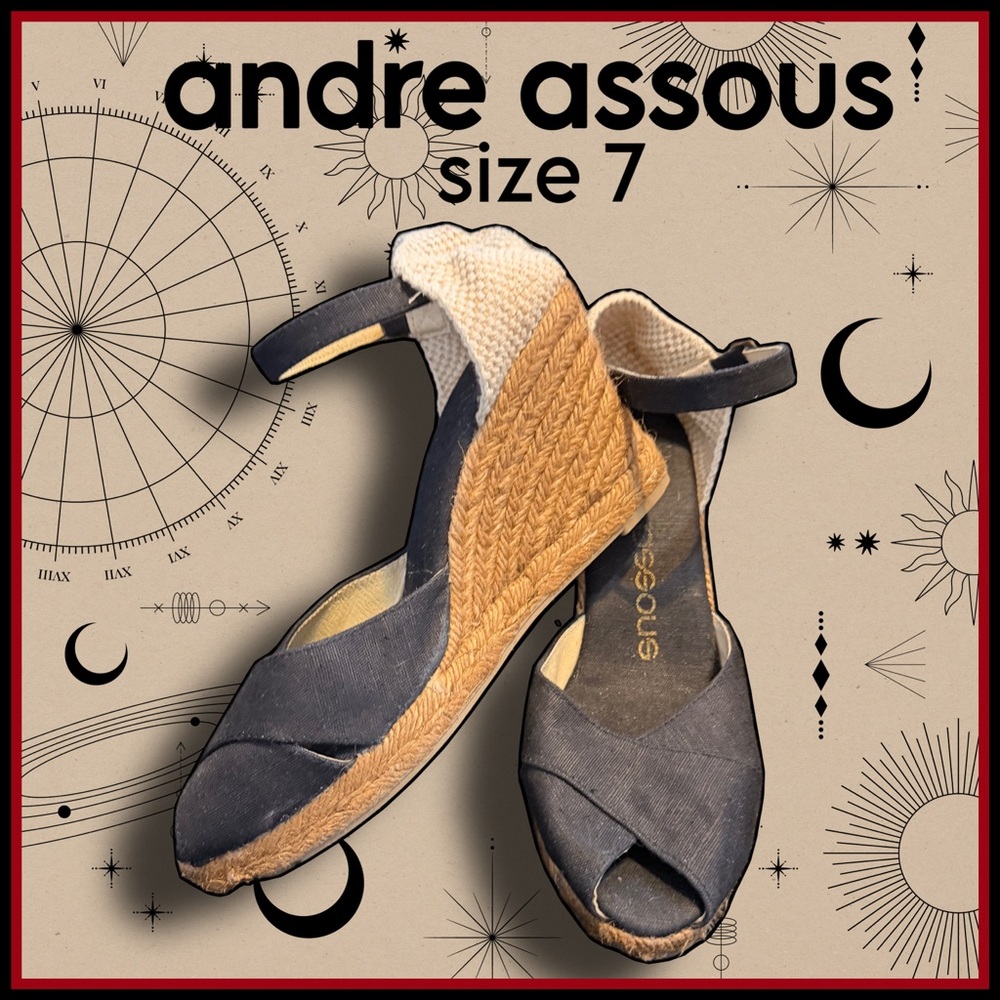 ANDRE ADSOUS black and tan espadrille wedge SANDALS size 7